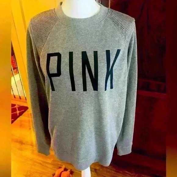 PINK ladies sweatshirt lightweight. Petite Small oversized. Long sleeve gray - Picture 2 of 9